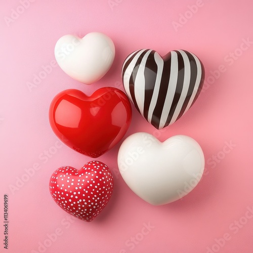A colorful arrangement of various heart-shaped decorations on a soft pink background, showcasing different textures and patterns.