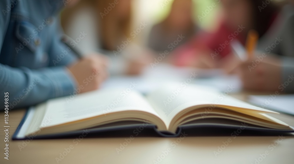 A close-up view of an open book placed on a desk during an exam, with a student's hand writing notes A close-up view of an open book placed on a desk during an exam, with a student's hand writing notes