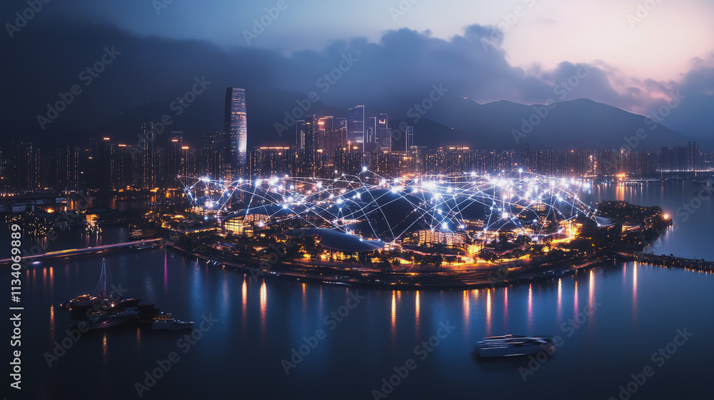 Smart digital Innovation city with connection network reciprocity over the cityscape. of future smart wireless digital city and social media networking systems that connects people with in city Smart digital Innovation city with connection network reciprocity over the cityscape. of future smart wireless digital city and social media networking systems that connects people with in city