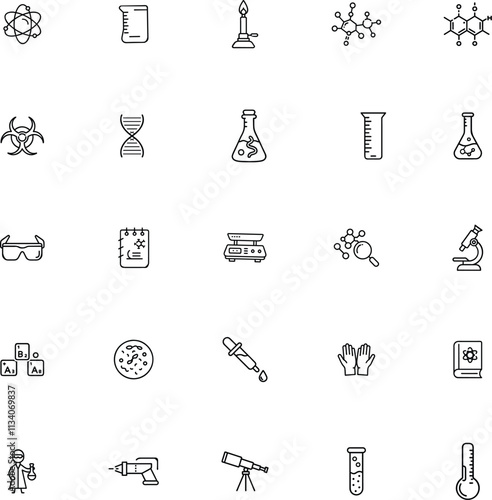Science lab equipment, chemistry, biology, research icons, molecular, DNA, atom, glassware, experime