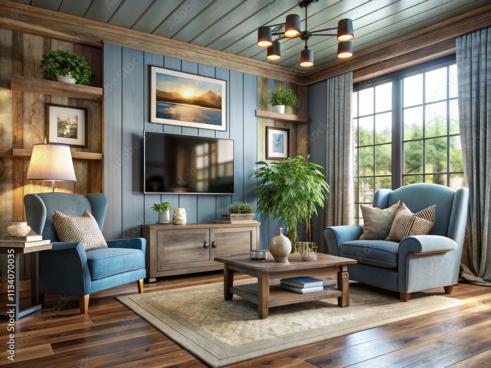 Fototapeta premium Drone view: Cozy shiplap living room, oversized armchair, reclaimed wood accents define rustic charm.
