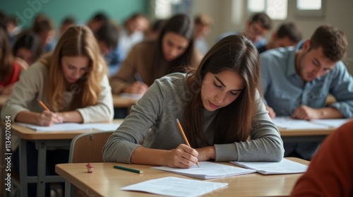 busy exam room filled with students taking their final exams, with papers, pencils, and focused expressions