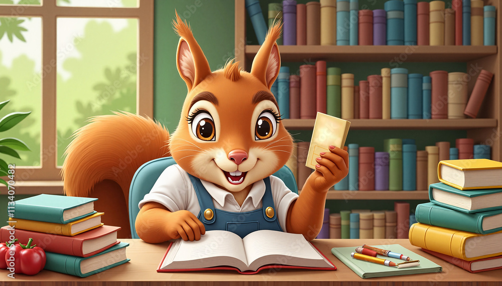 Squirrel character studying in a cozy library while holding a book Squirrel character studying in a cozy library while holding a book