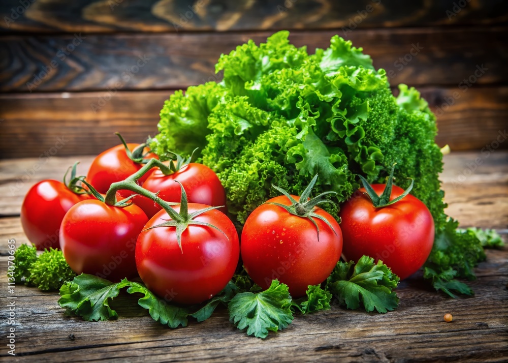 Fresh Farm-Fresh Tomatoes & Lettuce with Parsley on Rustic Wood - Healthy Organic Meal Fresh Farm-Fresh Tomatoes & Lettuce with Parsley on Rustic Wood - Healthy Organic Meal