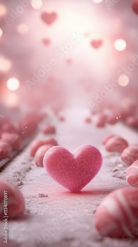 A dreamy scene with a pink heart surrounded by soft candies, creating a romantic and whimsical atmosphere filled with love.