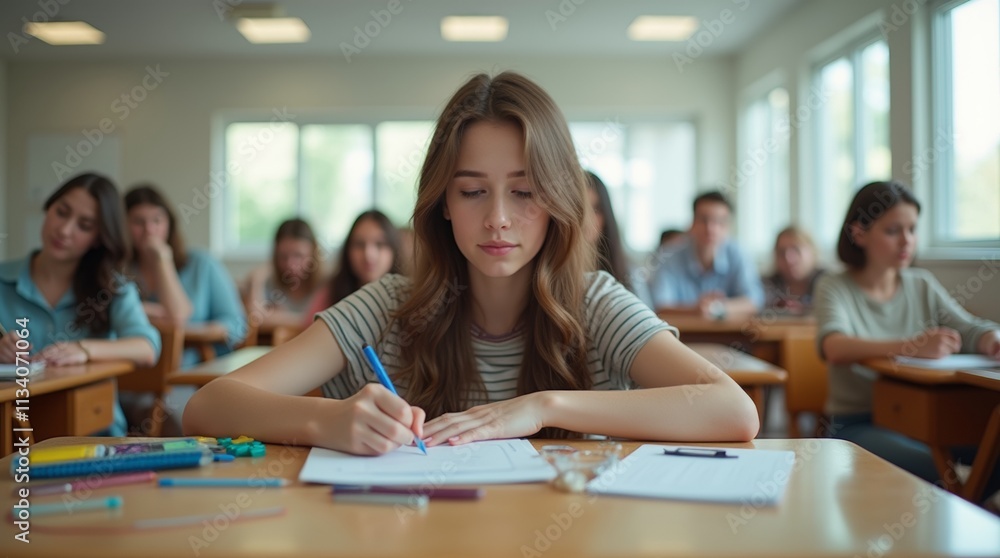 student taking their graduation exam in a bright classroom student taking their graduation exam in a bright classroom
