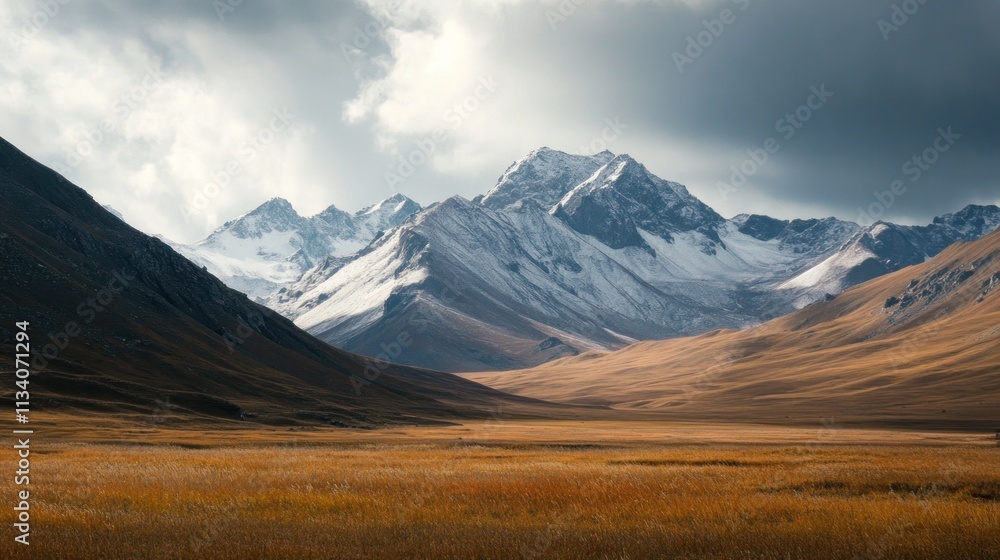 Fototapeta premium Majestic mountain landscape with grassy plains under a dramatic sky.