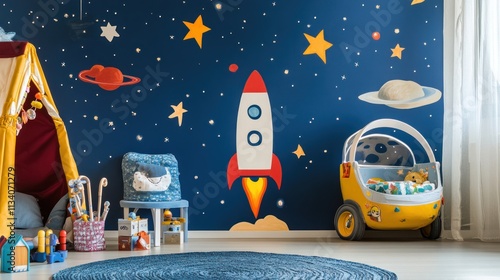 Fototapeta Naklejka Na Ścianę i Meble -  A playful nursery design featuring a small rocket blasting off into a starry night for a space exploration theme