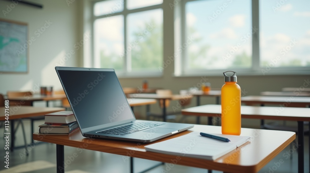 exam desk in a bright classroom, with a laptop, textbooks, and a water bottle exam desk in a bright classroom, with a laptop, textbooks, and a water bottle