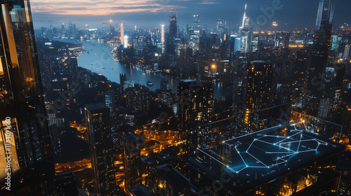 Wallpaper Mural Smart digital Innovation city with connection network reciprocity over the cityscape. of future smart wireless digital city and social media networking systems that connects people with in city Torontodigital.ca