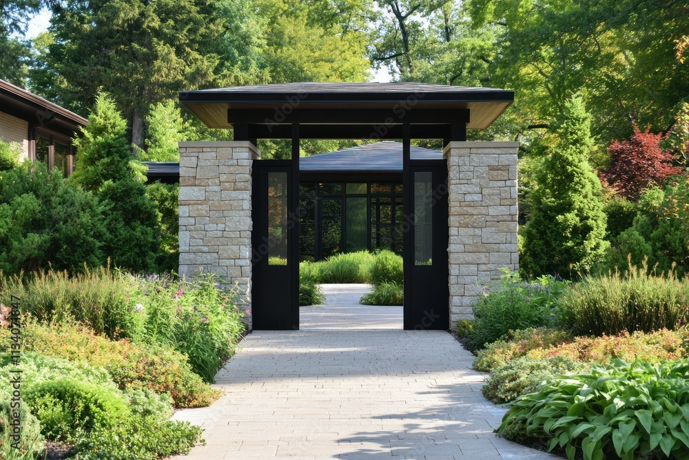 Serene Garden Pathway with Contemporary Architecture Serene Garden Pathway with Contemporary Architecture