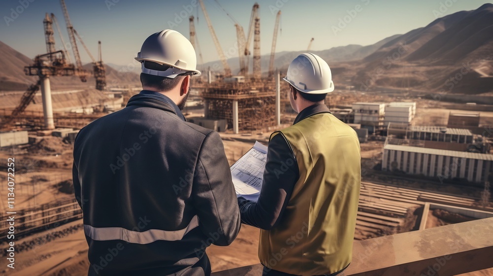 Team of engineers collaborating and discussing plans for the expansion and optimization of a large scale cement production plant facility Team of engineers collaborating and discussing plans for the expansion and optimization of a large scale cement production plant facility