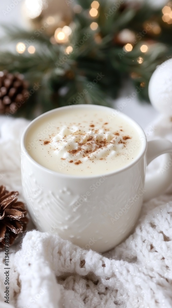 A cozy mug of creamy beverage topped with whipped cream and spices, surrounded by festive decor. A cozy mug of creamy beverage topped with whipped cream and spices, surrounded by festive decor.