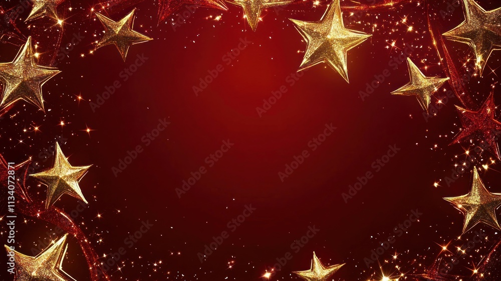 Christmas card with a red background, glowing gold stars at the edges, blank center for holiday messages. Christmas card with a red background, glowing gold stars at the edges, blank center for holiday messages.