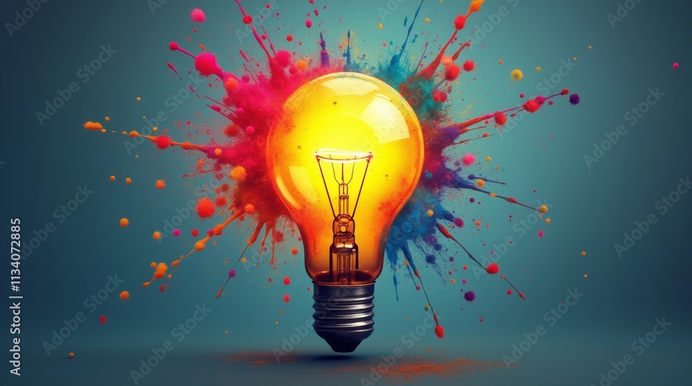 Creative light bulb explodes with colorful paint and colors. New idea, brainstorming concept Creative light bulb explodes with colorful paint and colors. New idea, brainstorming concept
