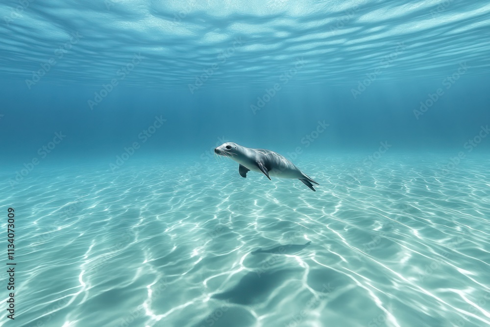 Naklejka premium Cute Seal Swimming in Clear Ocean Water