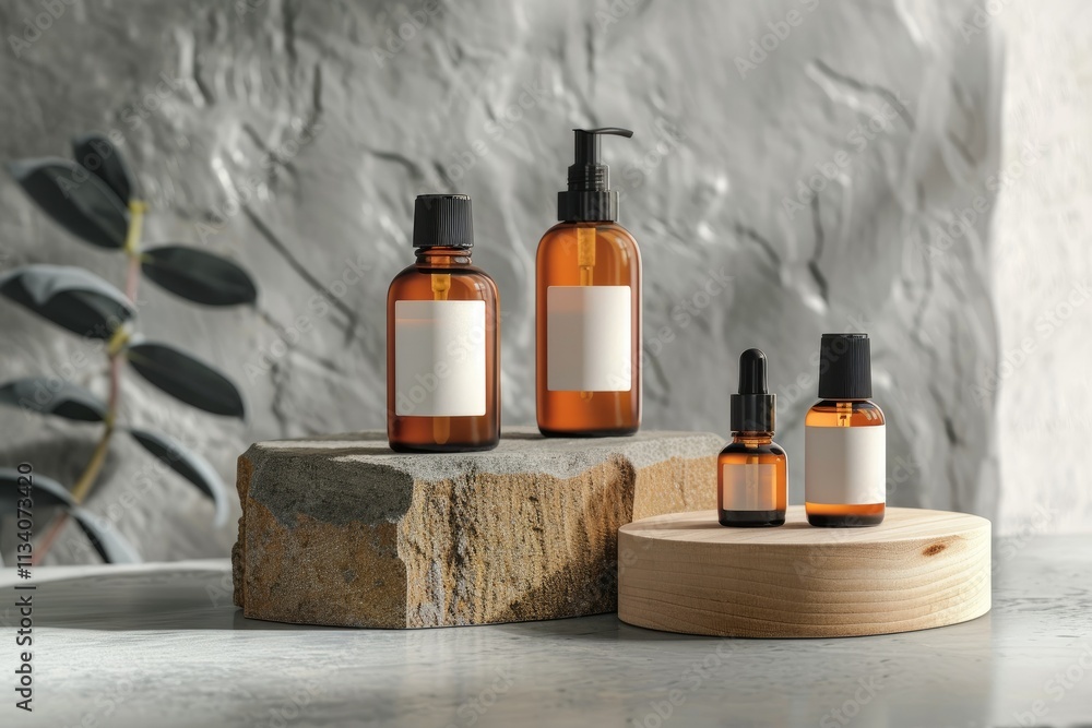Detailed Picture of Amber Glass Cosmetic Bottles on Stone and Wood Podiums Detailed Picture of Amber Glass Cosmetic Bottles on Stone and Wood Podiums