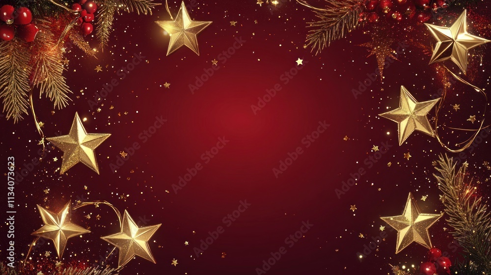 Elegant Christmas card design with a rich red background, glittering gold stars around the edges, and space for text in the middle. Elegant Christmas card design with a rich red background, glittering gold stars around the edges, and space for text in the middle.