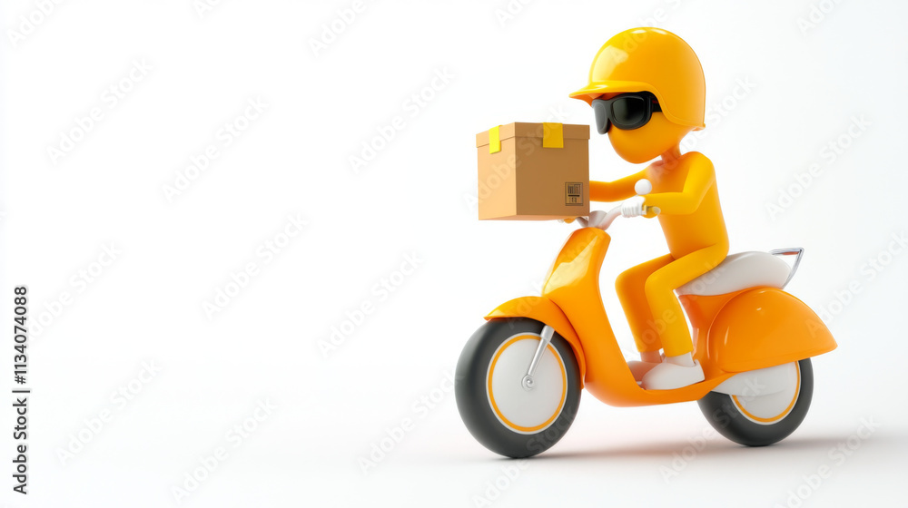 cheerful delivery person on orange scooter carries package, showcasing spirit of fast and reliable delivery services cheerful delivery person on orange scooter carries package, showcasing spirit of fast and reliable delivery services