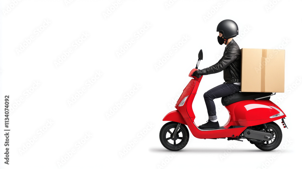 delivery rider on red scooter carries large cardboard box, showcasing efficient urban logistics. scene captures essence of modern delivery services delivery rider on red scooter carries large cardboard box, showcasing efficient urban logistics. scene captures essence of modern delivery services