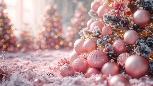 Festive Christmas decorations with pink and silver ornaments on a holiday tree background.
