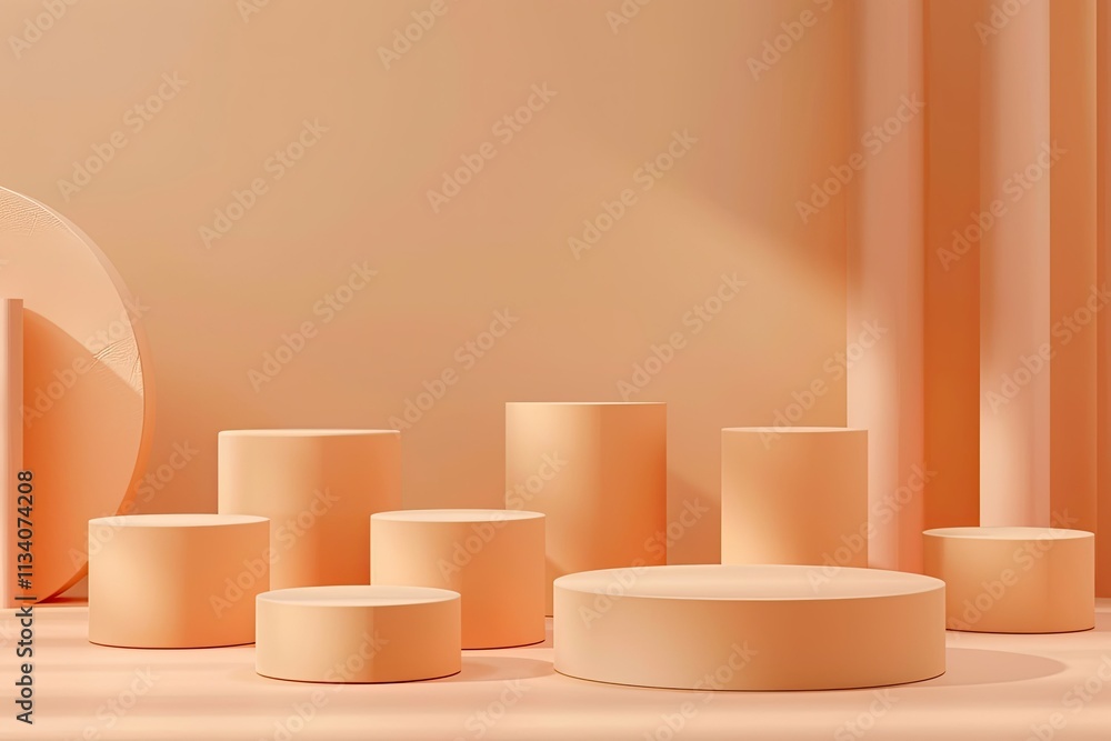 High Definition View of Seven Minimalist Light Orange Round Podiums for Display High Definition View of Seven Minimalist Light Orange Round Podiums for Display