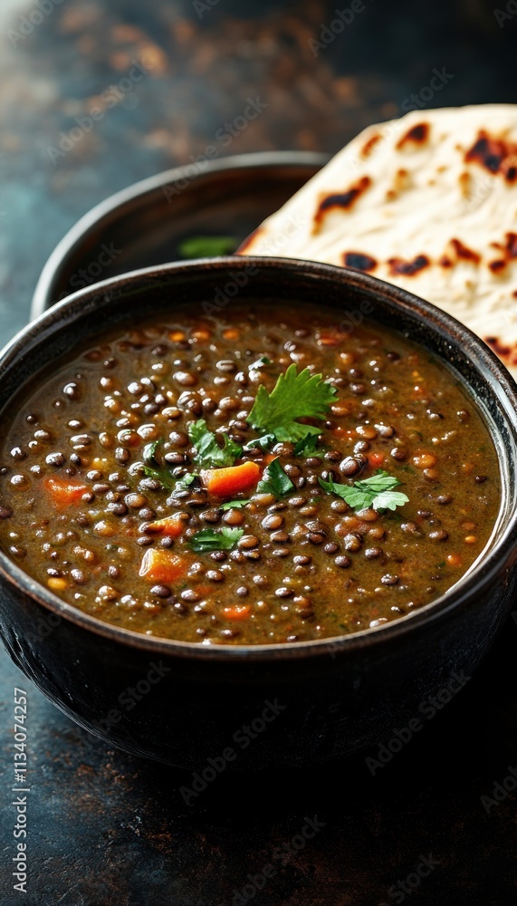 A bowl of lentil soup garnished with herbs, served with flatbread. A bowl of lentil soup garnished with herbs, served with flatbread.