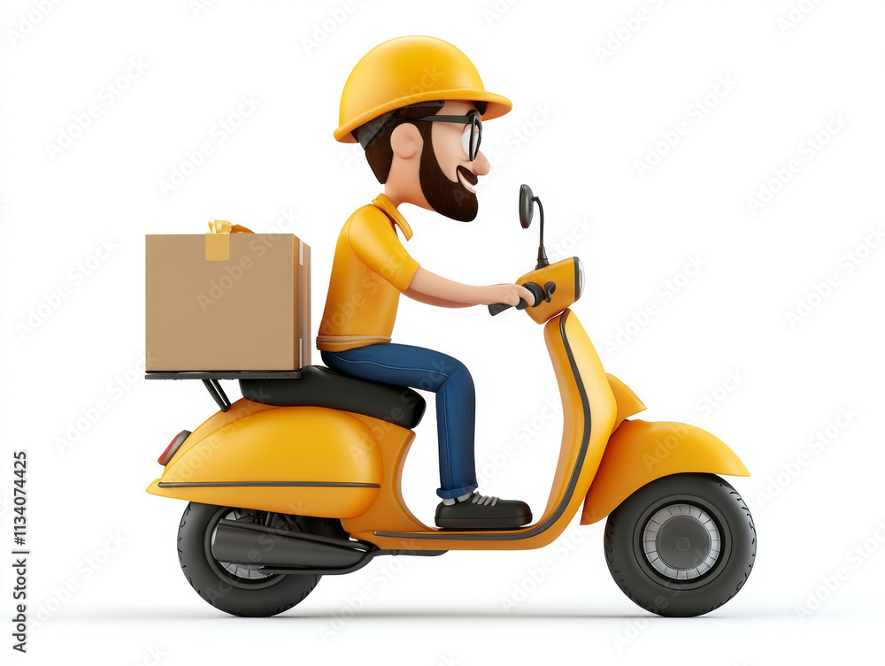 Delivery person riding yellow scooter with box of goods. character wears hard hat and glasses, showcasing cheerful expression while on move Delivery person riding yellow scooter with box of goods. character wears hard hat and glasses, showcasing cheerful expression while on move