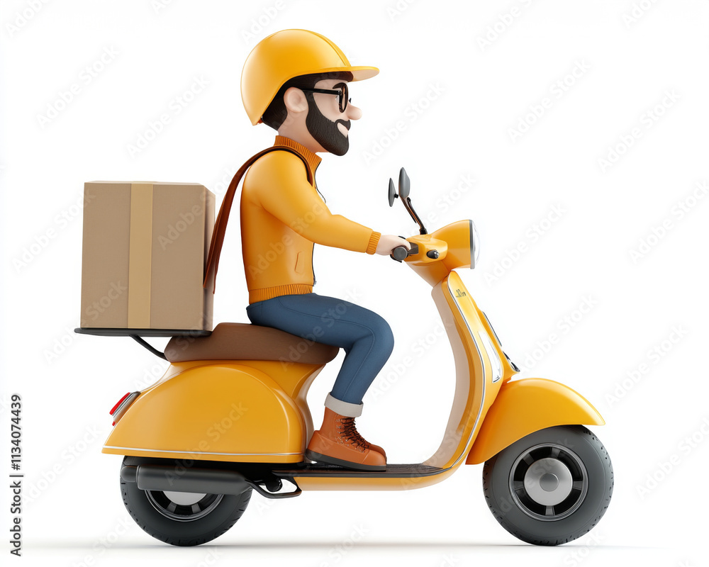 delivery person riding yellow scooter with box, showcasing cheerful and efficient vibe. Perfect for logistics and transportation themes delivery person riding yellow scooter with box, showcasing cheerful and efficient vibe. Perfect for logistics and transportation themes