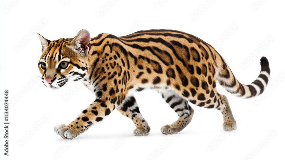 Full-body image of an ocelot prowling on a white background. Full-body image of an ocelot prowling on a white background.