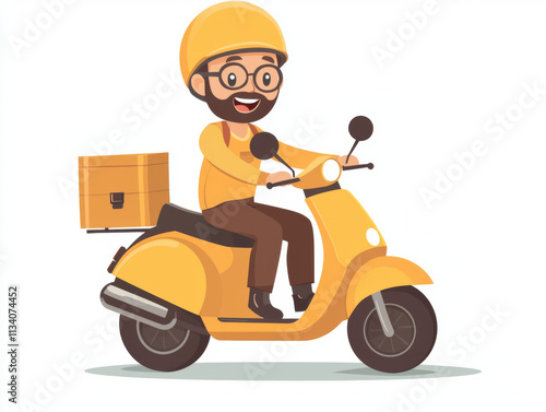 cheerful delivery man riding yellow scooter with box, showcasing joy of delivery services. Perfect for illustrating delivery concepts