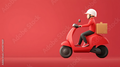 delivery person riding red scooter with box, set against vibrant red background, conveys sense of efficiency and speed