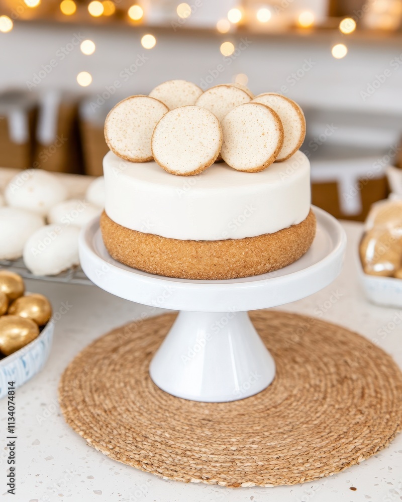 A decorative cake topped with cookies on a white pedestal. A decorative cake topped with cookies on a white pedestal.