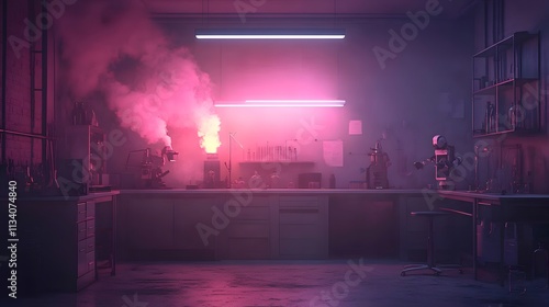 Dark laboratory interior with neon lighting, smoke, and scientific equipment. photo