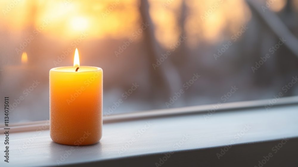 A bright, flickering candle stands on a windowsill, illuminated by a warm sunset in the background, This serene image is perfect for relaxation, wellness, or home decor themes, A bright, flickering candle stands on a windowsill, illuminated by a warm sunset in the background, This serene image is perfect for relaxation, wellness, or home decor themes,