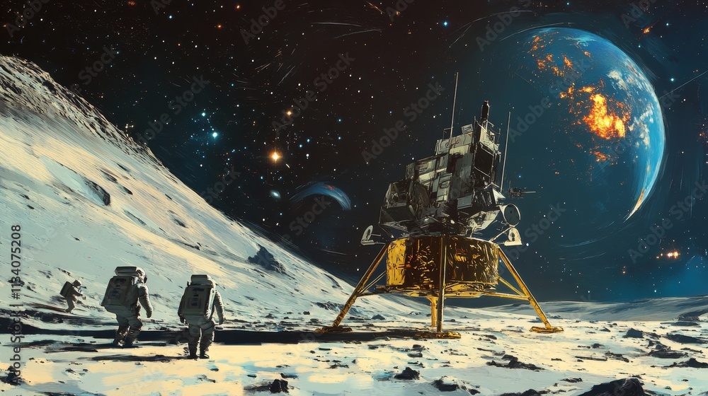 Naklejka premium Astronauts launching from surreal Moon to glowing Earth scene