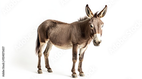 Full-body image of a donkey standing on a white background.