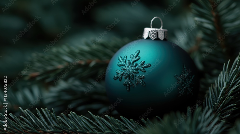A close-up of a teal ornament with a snowflake design resting on evergreen branches creates a serene holiday atmosphere, Ideal for seasonal decor, greeting cards, or festive marketing materials, A close-up of a teal ornament with a snowflake design resting on evergreen branches creates a serene holiday atmosphere, Ideal for seasonal decor, greeting cards, or festive marketing materials,