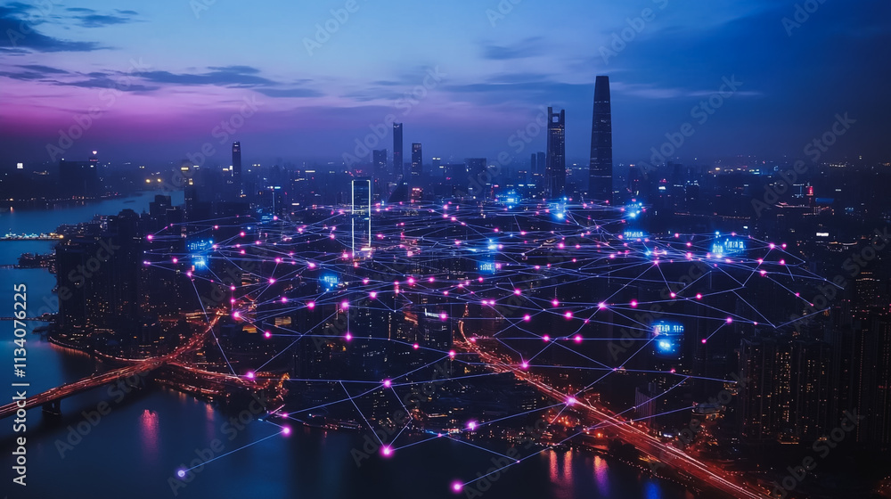 Fototapeta premium Smart digital Innovation city with connection network reciprocity over the cityscape. of future smart wireless digital city and social media networking systems that connects people with in city