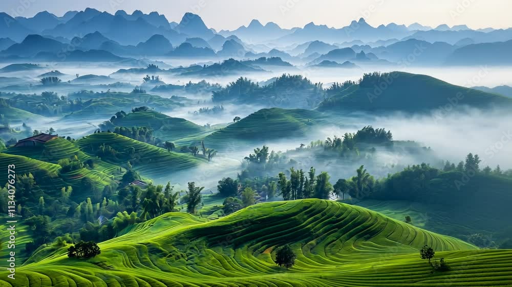 Lush Green Mountain Landscape with Mist and Rolling Hills Lush Green Mountain Landscape with Mist and Rolling Hills