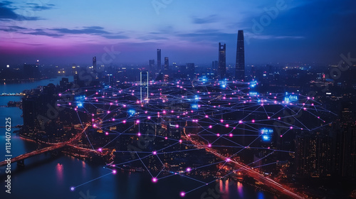 Wallpaper Mural Smart digital Innovation city with connection network reciprocity over the cityscape. of future smart wireless digital city and social media networking systems that connects people with in city Torontodigital.ca