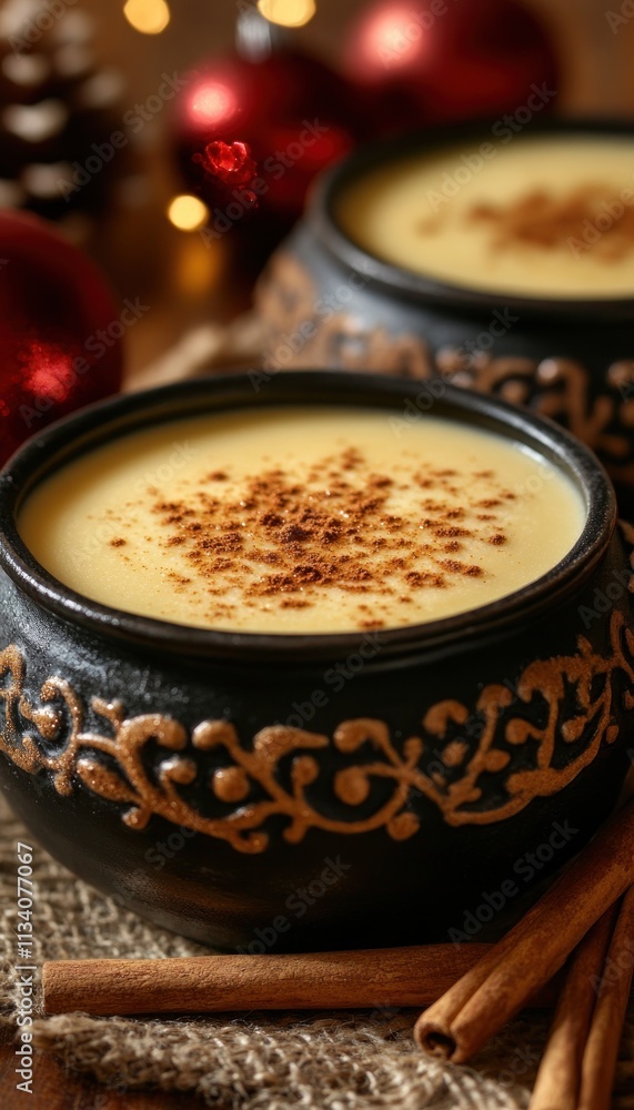 A warm, creamy dessert in decorative bowls, garnished with cinnamon, perfect for festive gatherings. A warm, creamy dessert in decorative bowls, garnished with cinnamon, perfect for festive gatherings.