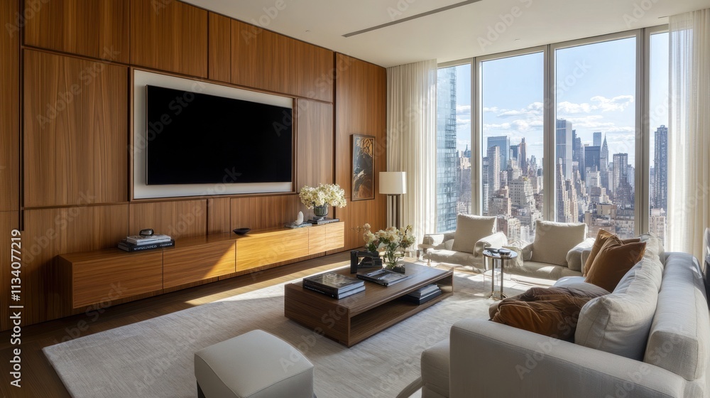 Modern living room with wooden accents and city view. Modern living room with wooden accents and city view.