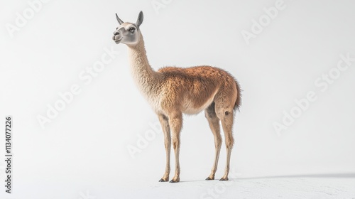 Full-body image of a llama with its long neck on a white background. photo