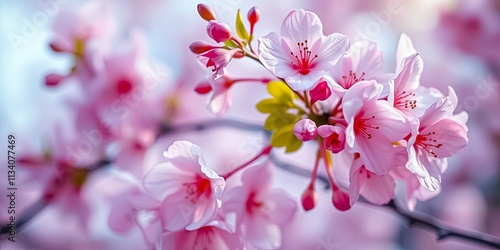 Delicate Pink Blossoms on a Branch in Full Bloom