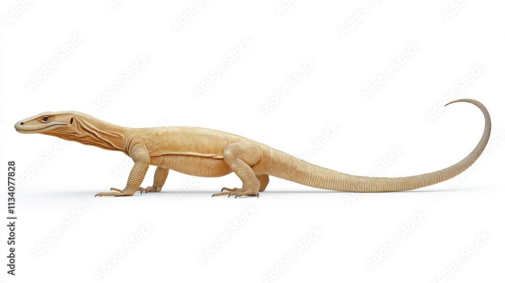 Fototapeta premium Full-body image of a monitor lizard standing with a long tail on a white background.