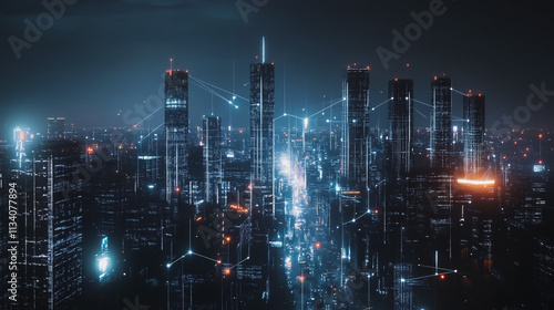 Wallpaper Mural Smart digital Innovation city with connection network reciprocity over the cityscape. of future smart wireless digital city and social media networking systems that connects people with in city Torontodigital.ca