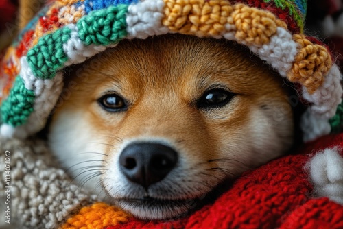 Small dog with colorful hat on blanket photo