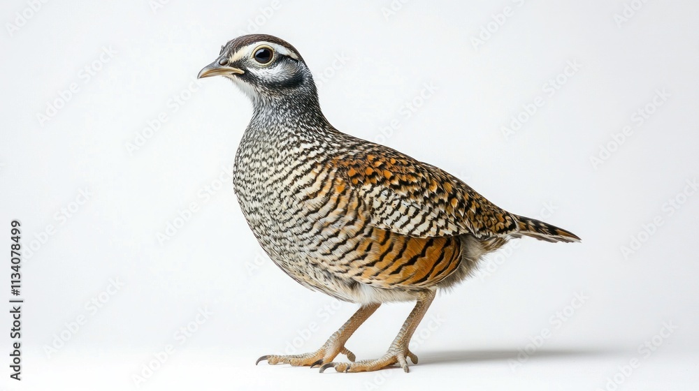Full-body image of a quail standing gracefully on a white background. Full-body image of a quail standing gracefully on a white background.
