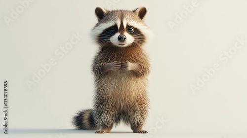 Full-body image of a raccoon standing with curious eyes on a white background. photo